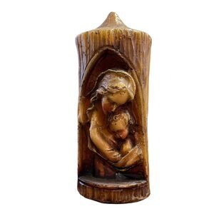 Madonna and Child Candle Carved Wax Vintage Catholic Wood Look Mid Century Jesus